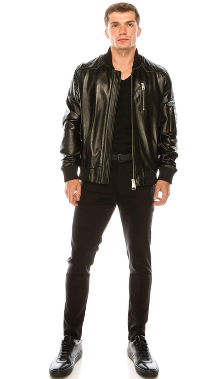 Diamond Quilt Detail Leather Bomber Jacket - Black - Ron Tomson