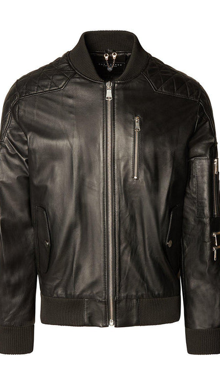 Diamond Quilt Detail Leather Bomber Jacket - Black - Ron Tomson