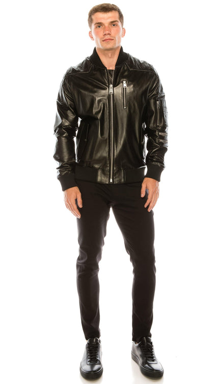 Diamond Quilt Detail Leather Bomber Jacket - Black - Ron Tomson