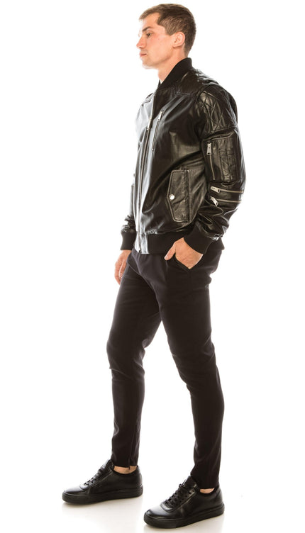 Diamond Quilt Detail Leather Bomber Jacket - Black - Ron Tomson