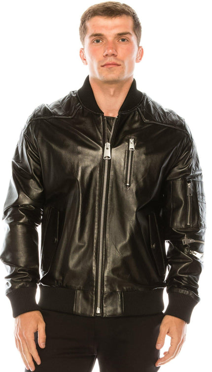 Diamond Quilt Detail Leather Bomber Jacket - Black - Ron Tomson