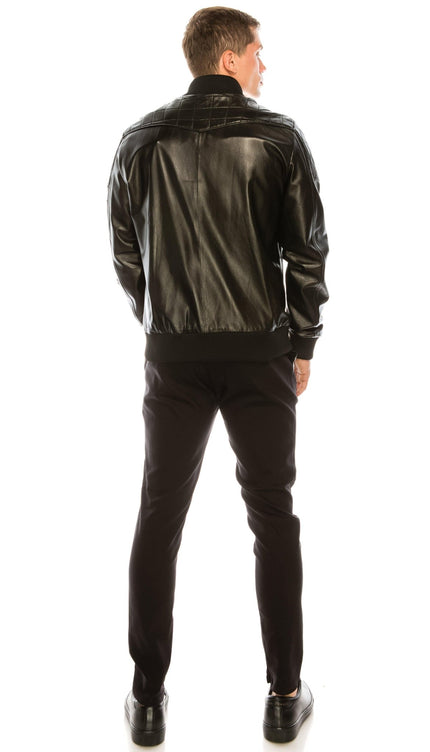 Diamond Quilt Detail Leather Bomber Jacket - Black - Ron Tomson