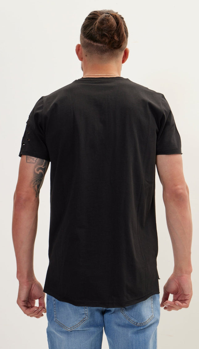 Distressed Button Down T-Shirt - Black - Ron Tomson