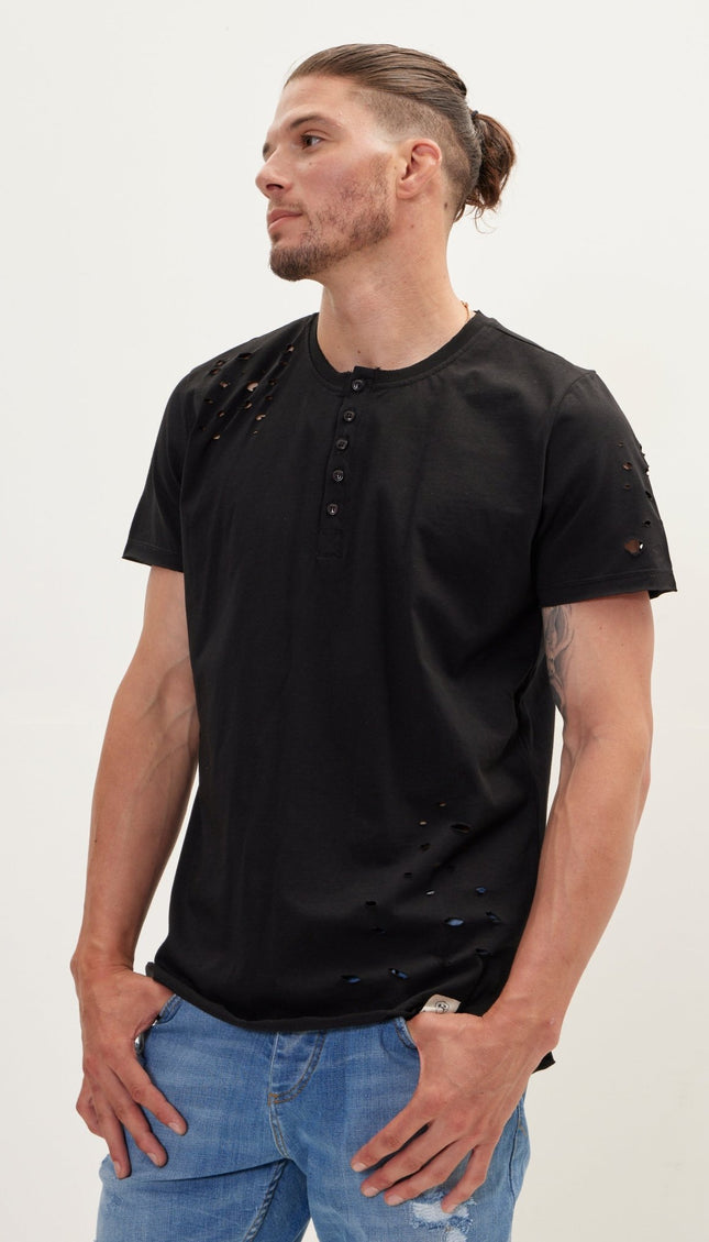 Distressed Button Down T-Shirt - Black - Ron Tomson