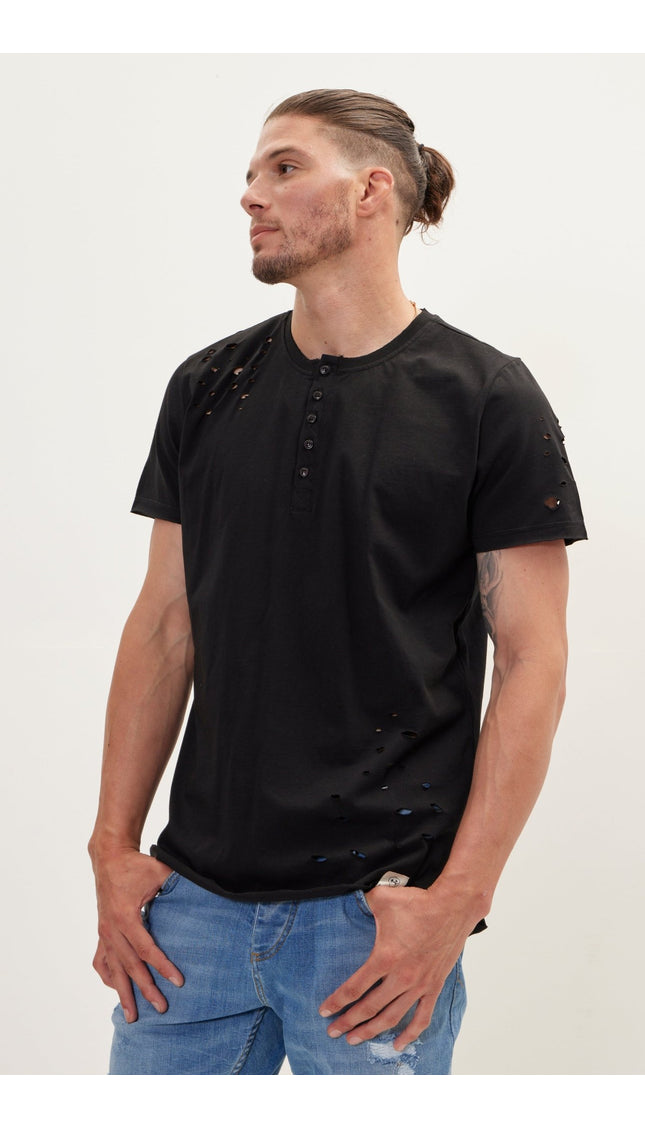 Distressed Button Down T-Shirt - Black - Ron Tomson