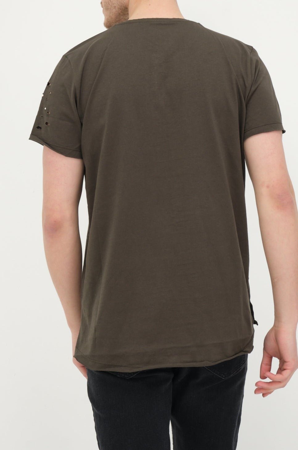 Distressed Button Down T-Shirt -Khaki - Ron Tomson