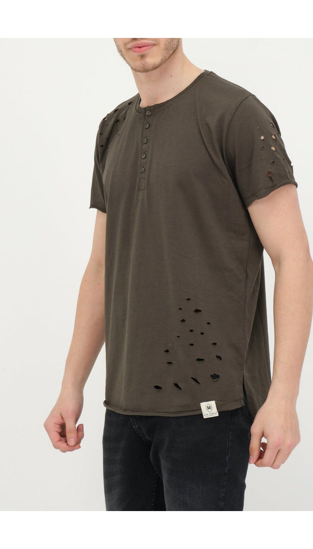 Distressed Button Down T-Shirt -Khaki - Ron Tomson