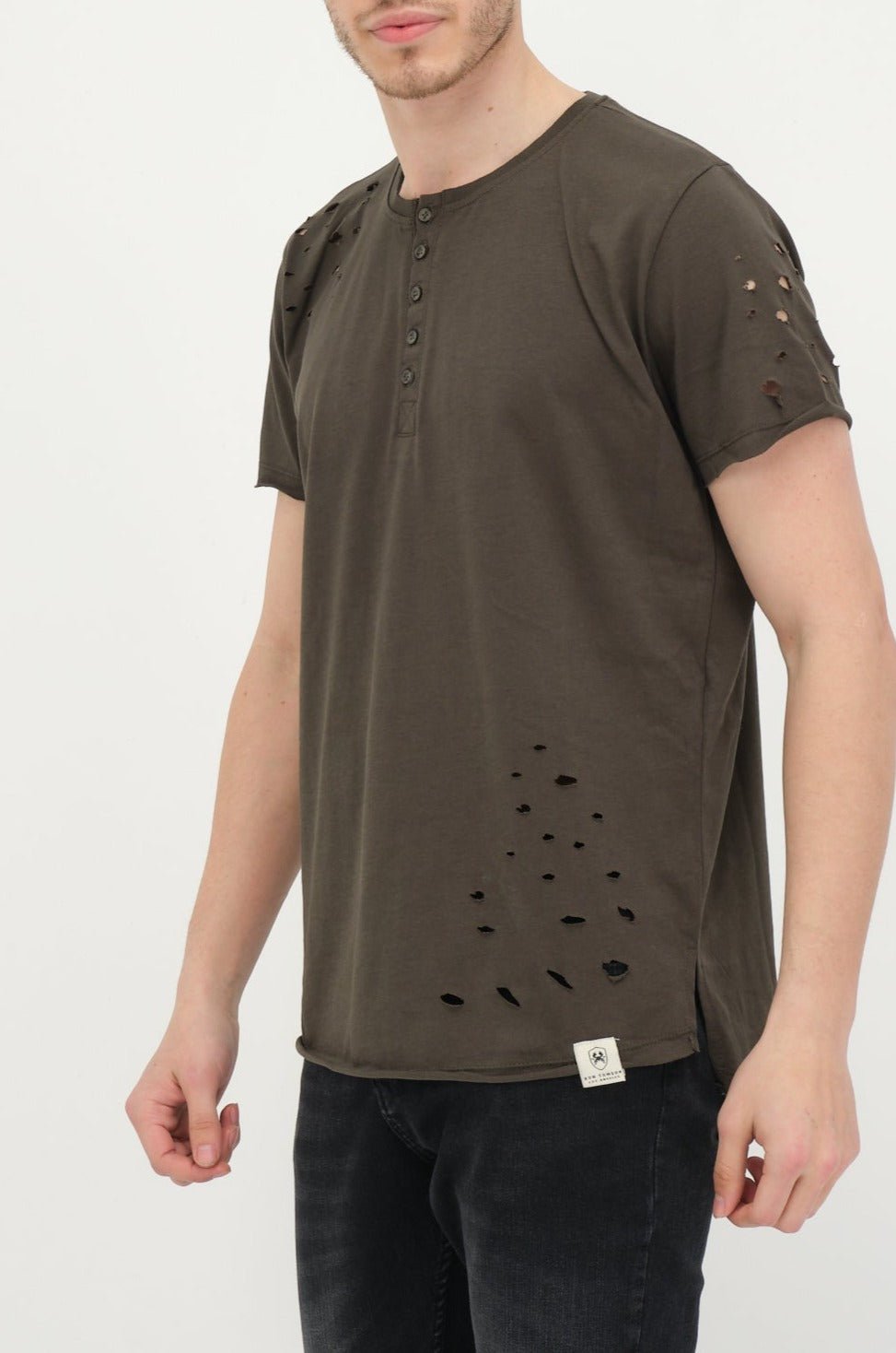 Distressed Button Down T-Shirt -Khaki - Ron Tomson