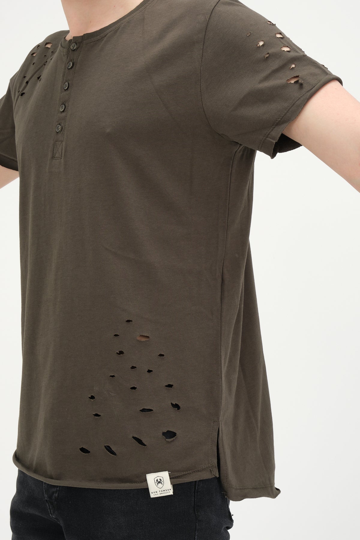 Distressed Button Down T-Shirt -Khaki - Ron Tomson