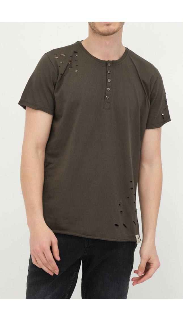 Distressed Button Down T-Shirt -Khaki - Ron Tomson