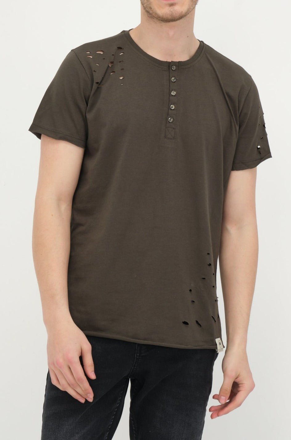 Distressed Button Down T-Shirt -Khaki - Ron Tomson