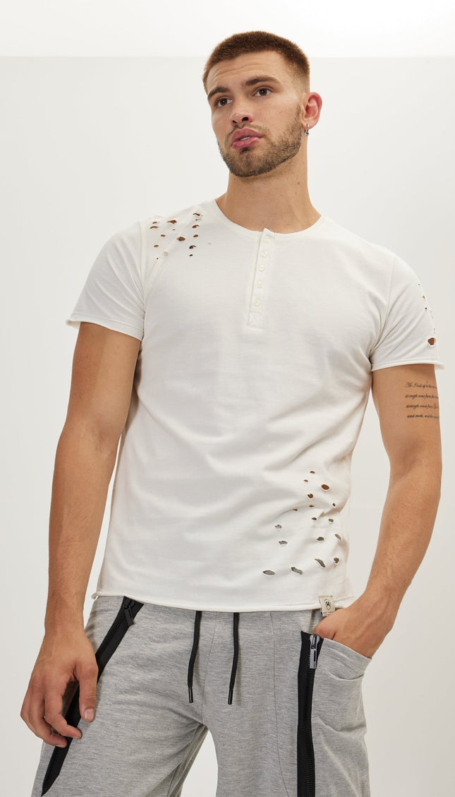 Distressed Button Down T-Shirt -Off White - Ron Tomson