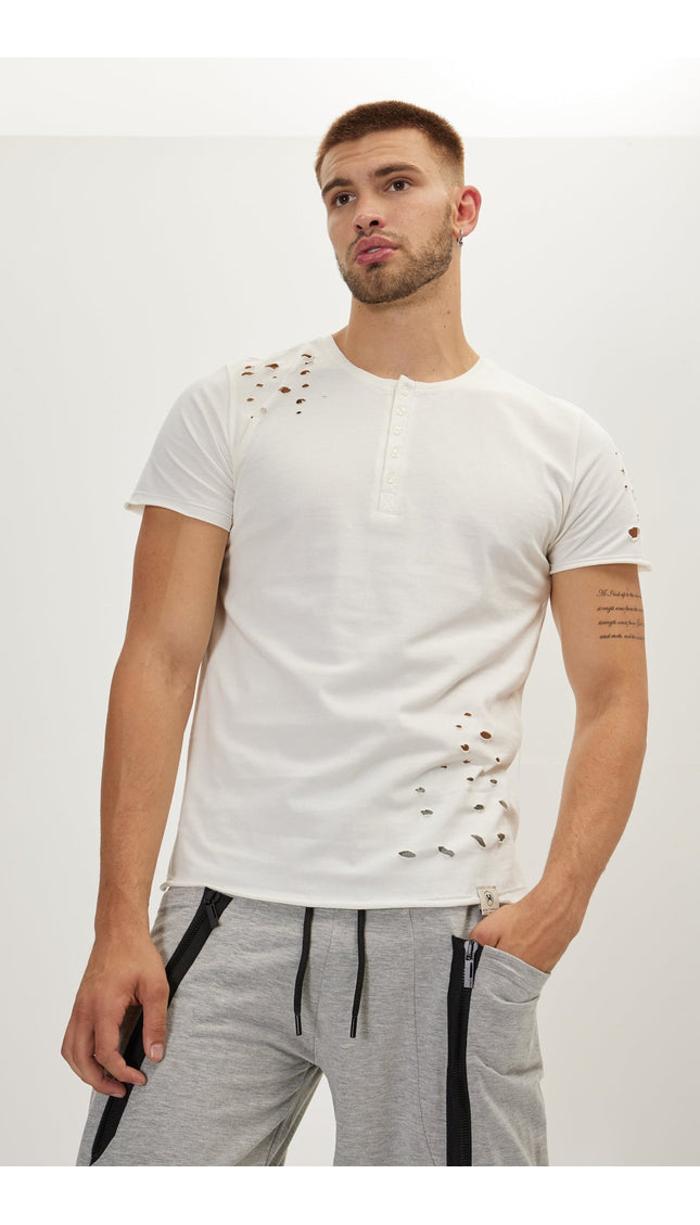 Distressed Button Down T-Shirt -Off White - Ron Tomson