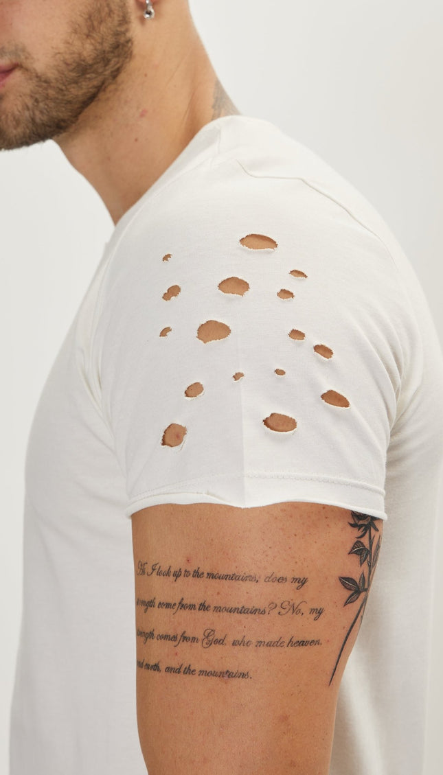 Distressed Button Down T-Shirt -Off White - Ron Tomson