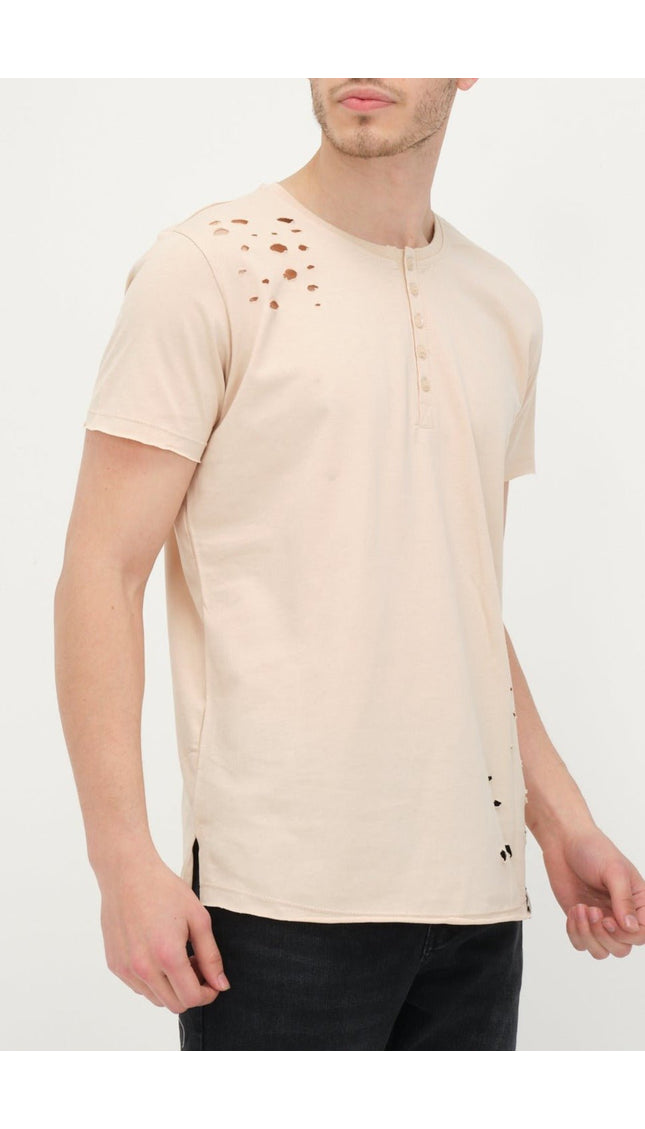 Distressed Button Down T-Shirt - Stone - Ron Tomson