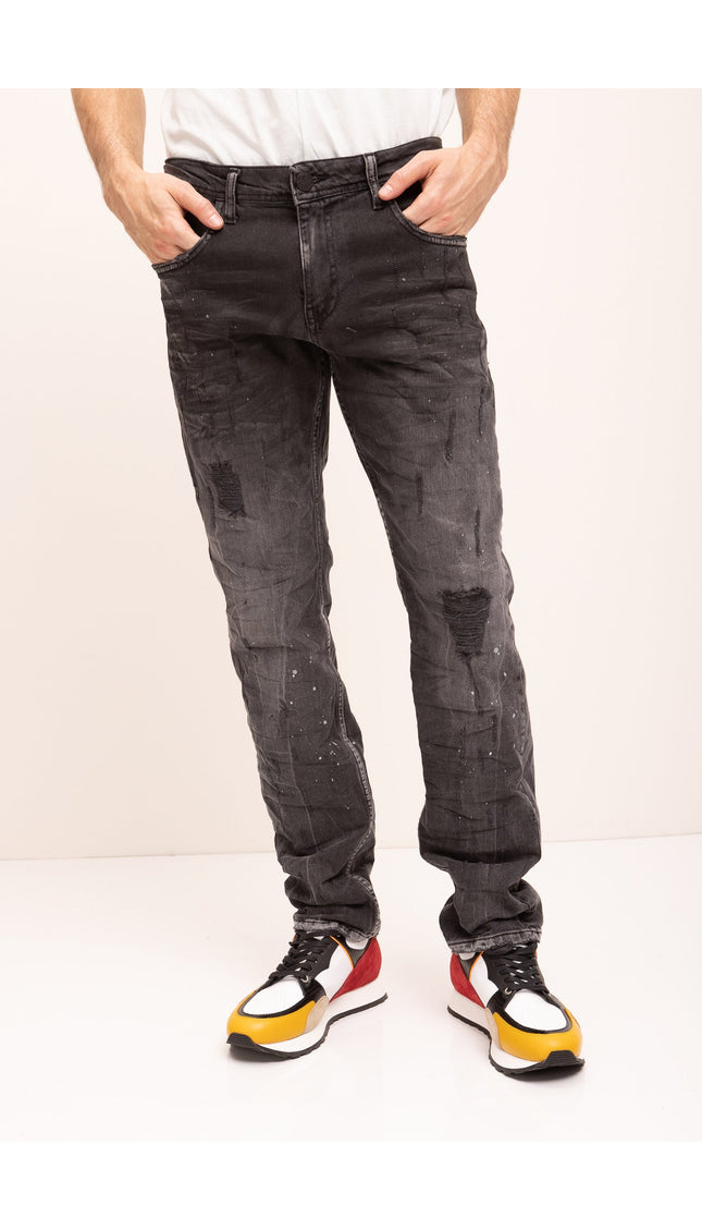 Distressed Cotton Denim Jeans - Black - Ron Tomson