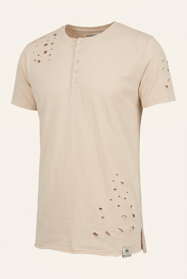 Distressed Henley T-Shirt - Stone - Front