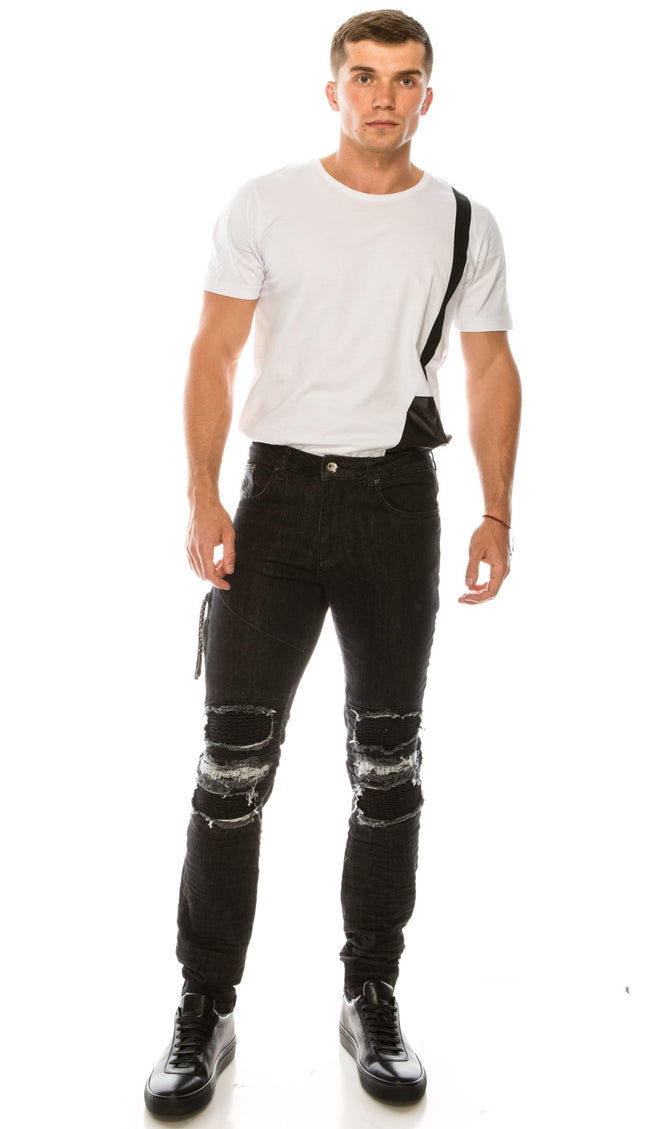 Distressed Moto Tapered Denim - Black White - Ron Tomson