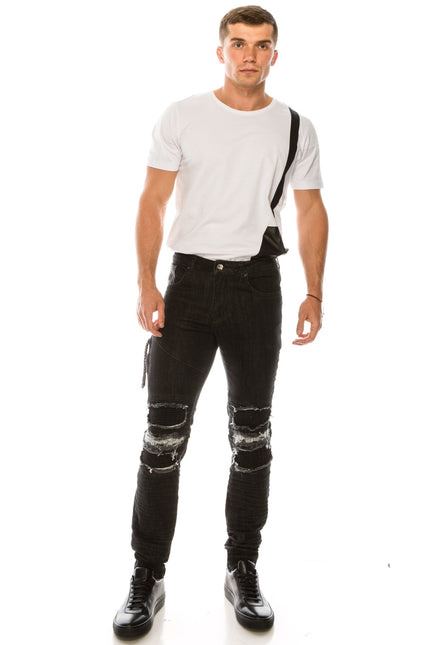 Distressed Moto Tapered Denim - Black White - Ron Tomson