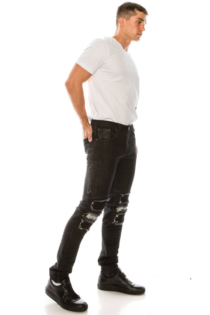 Distressed Moto Tapered Denim - Black White - Ron Tomson