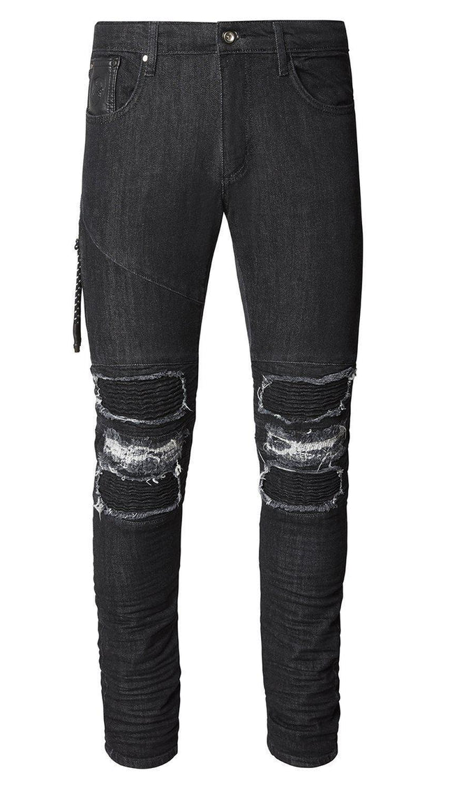 Distressed Moto Tapered Denim - Black White - Ron Tomson