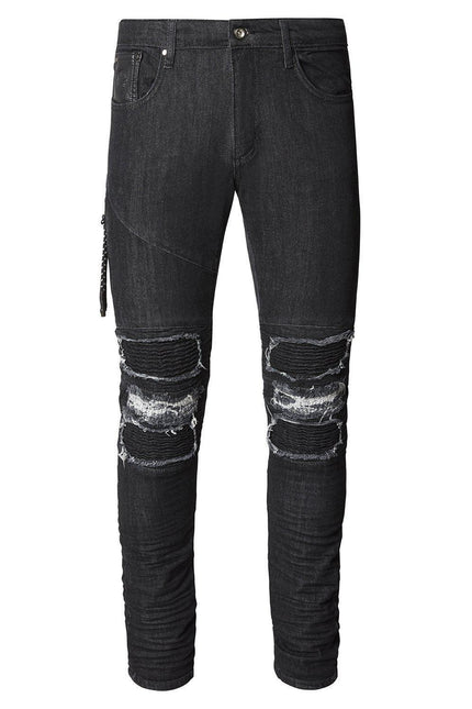 Distressed Moto Tapered Denim - Black White - Ron Tomson