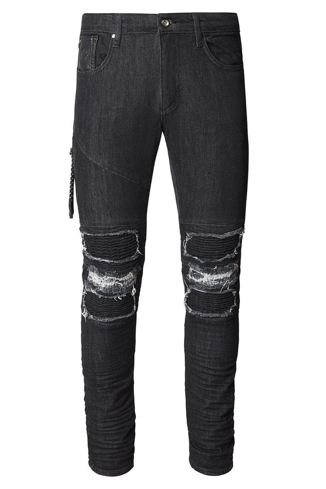 Distressed Moto Tapered Denim - Black White - Ron Tomson