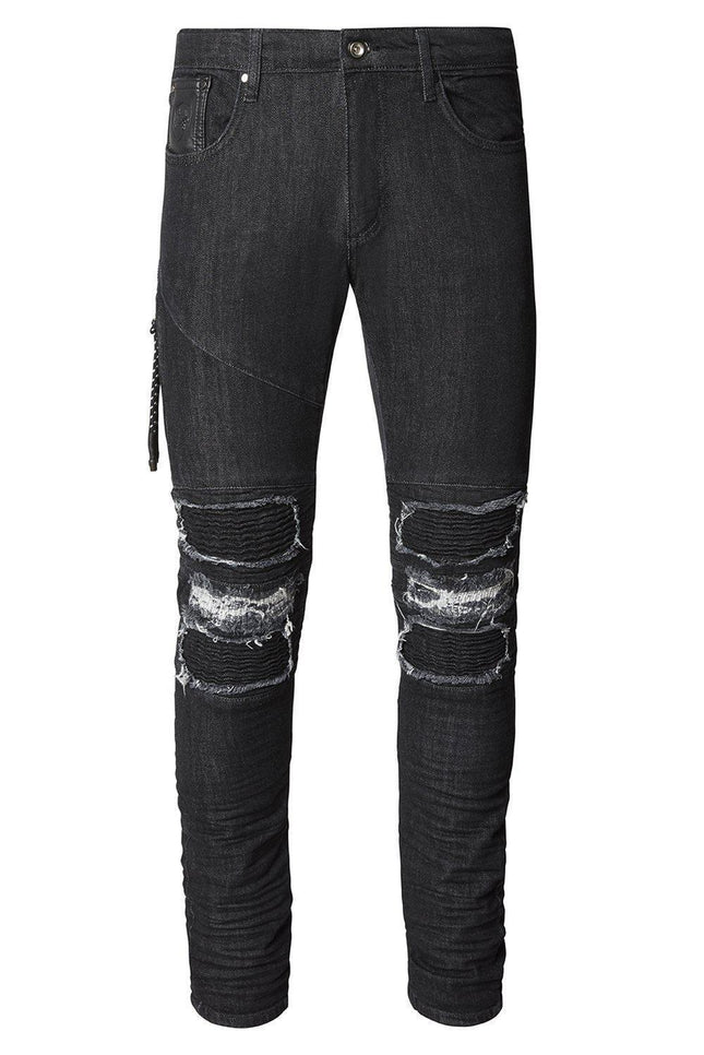 Distressed Moto Tapered Denim - Black White - Ron Tomson