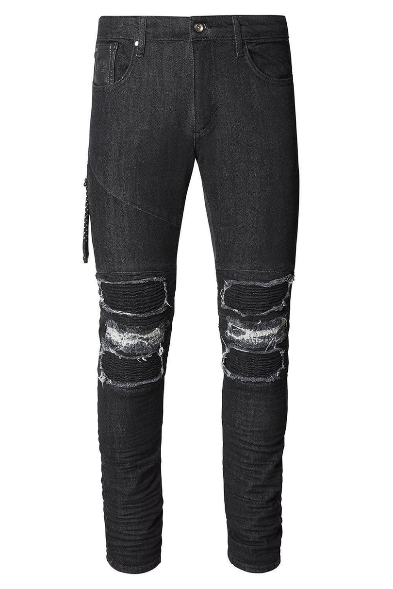 Distressed Moto Tapered Denim - Black White - Ron Tomson