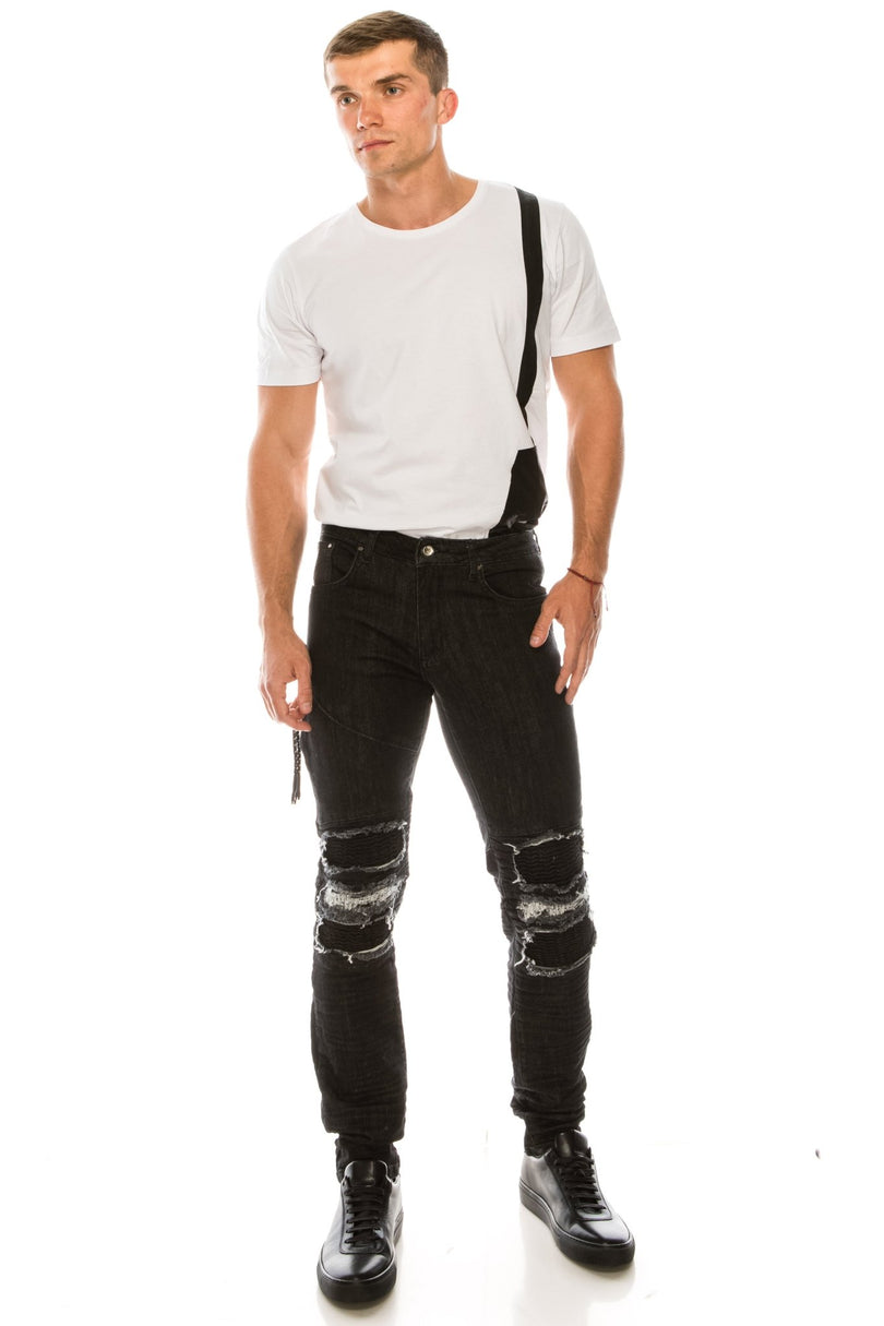 Distressed Moto Tapered Denim - Black White - Ron Tomson