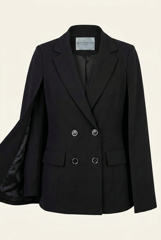 Double-Breasted Wool Cape Blazer - Black - Front