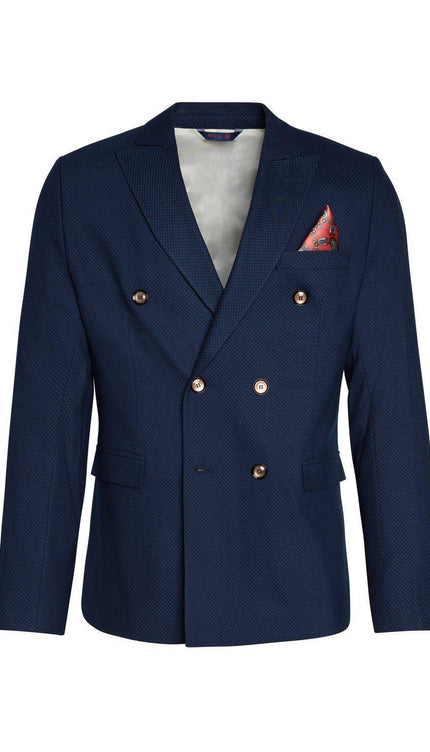 Double Breasted Fitted Stretch Blazer - Sax - Ron Tomson