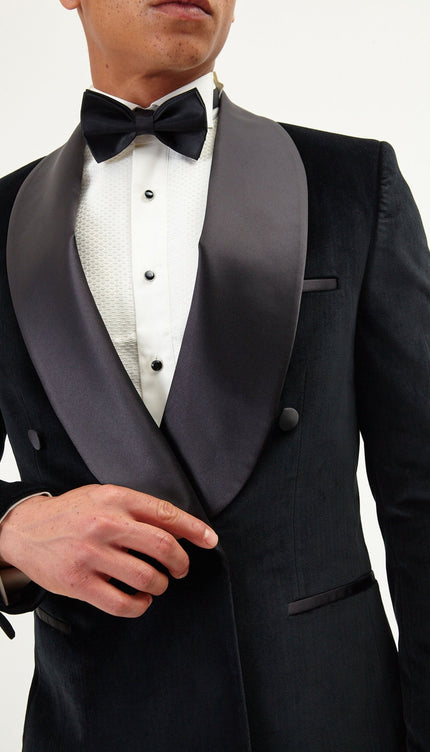 Double Breasted Italian Velvet Tuxedo Jacket - Black - Ron Tomson