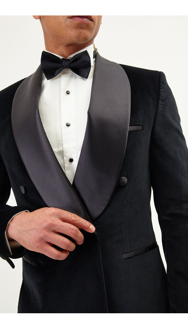 Double Breasted Italian Velvet Tuxedo Jacket - Black - Ron Tomson