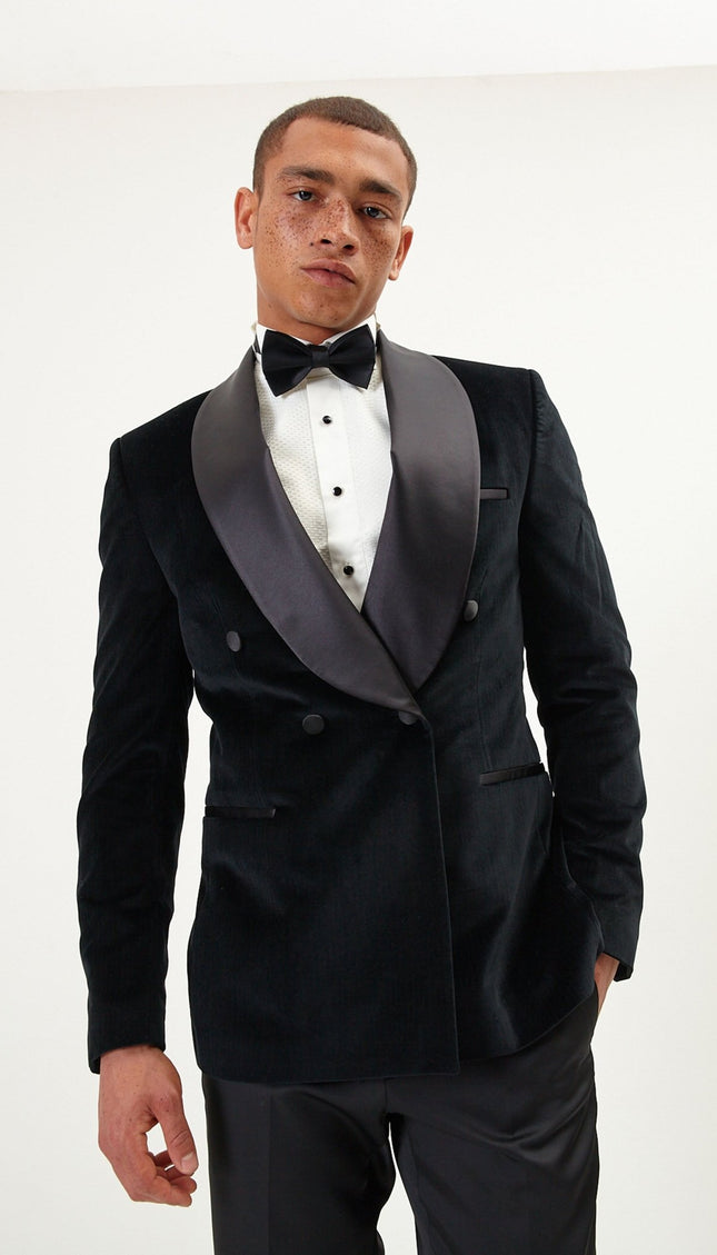Double Breasted Italian Velvet Tuxedo Jacket - Black - Ron Tomson