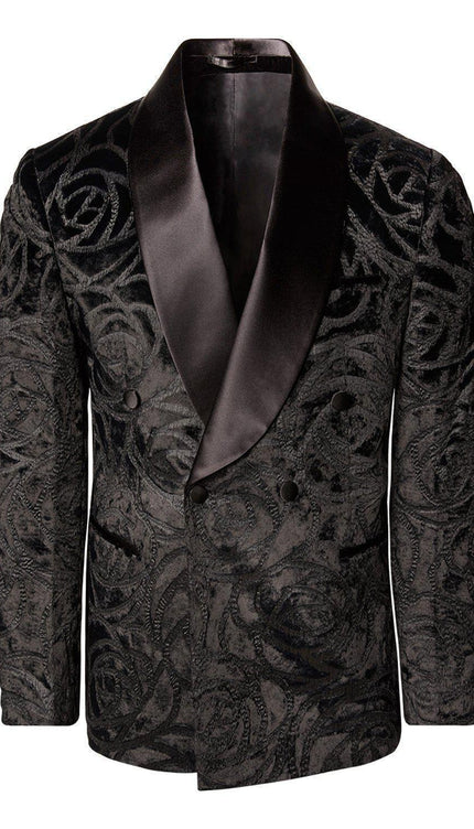 Double Breasted Italian Velvet Tuxedo Jacket - Black Spiral - Ron Tomson