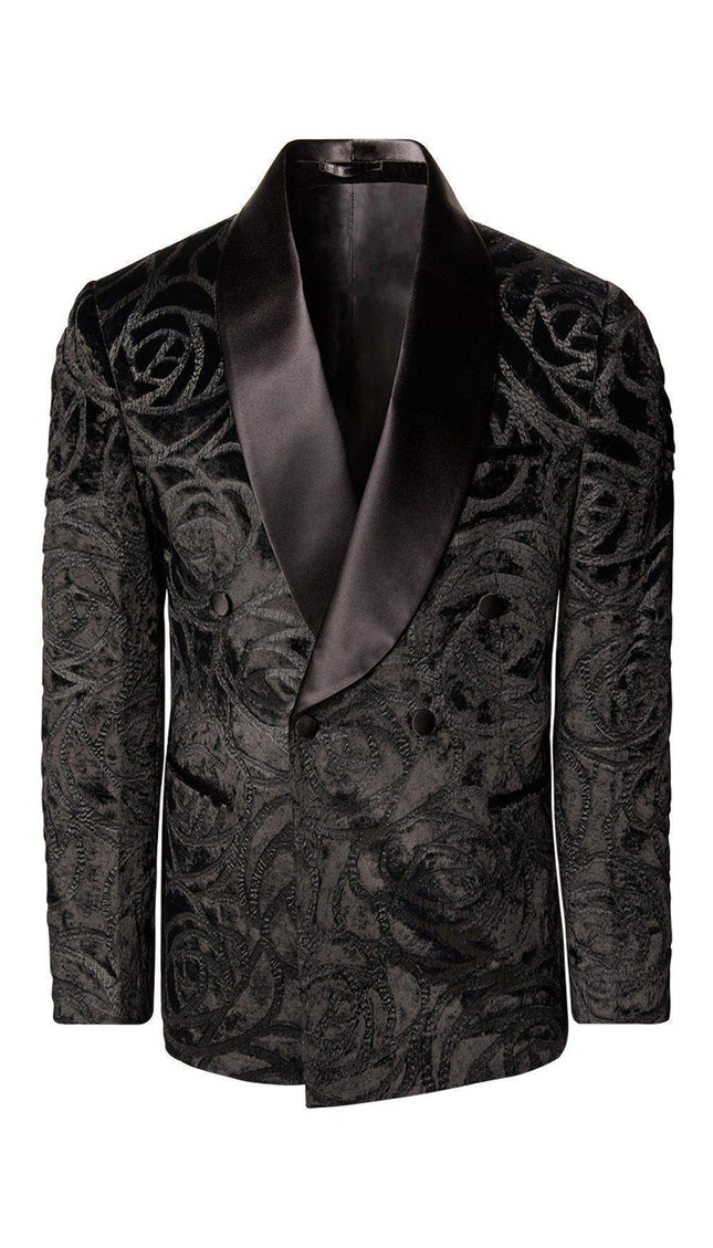 Double Breasted Italian Velvet Tuxedo Jacket - Black Spiral - Ron Tomson