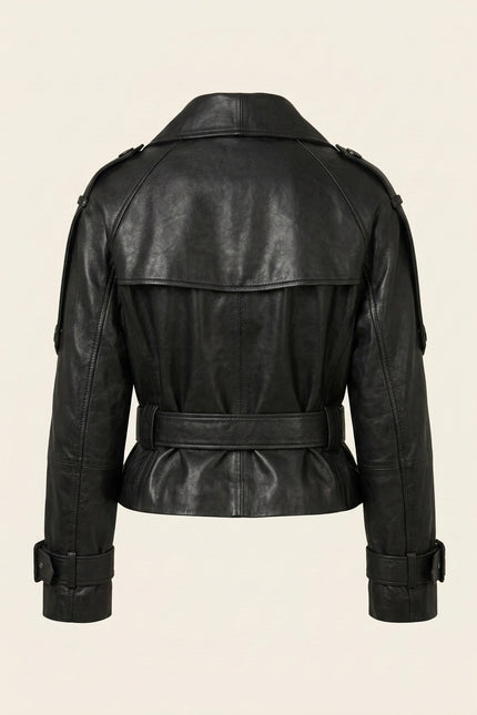 Double-Breasted Leather Jacket - Black - Back