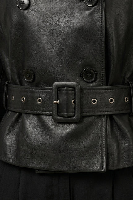 Double-Breasted Leather Jacket - Black - Detail