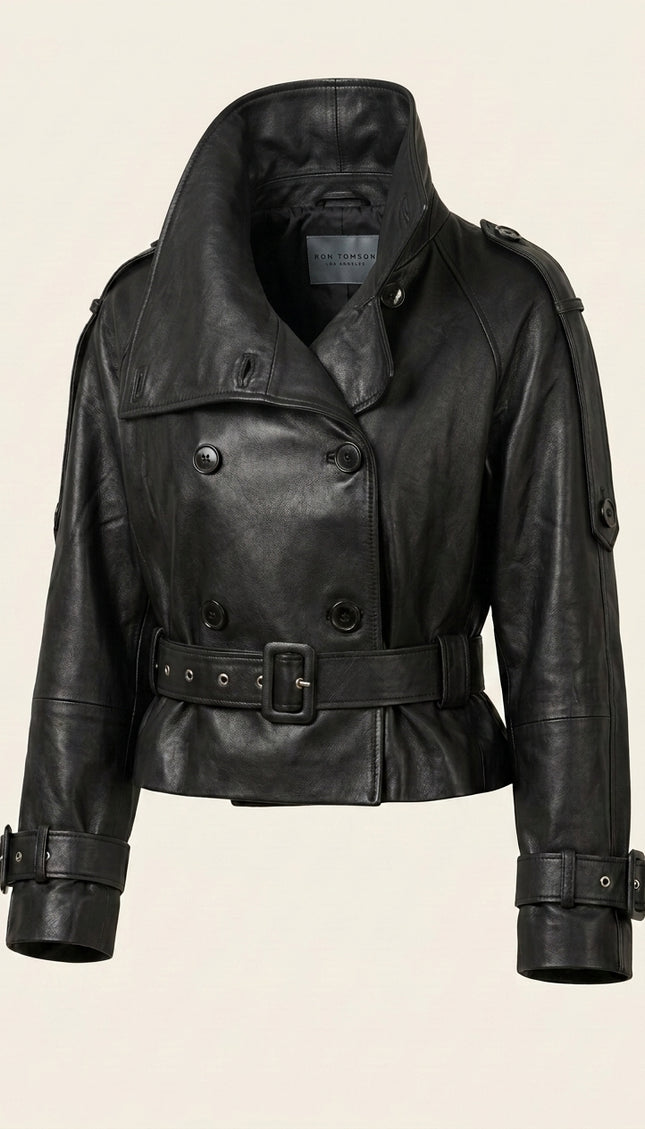 Double-Breasted Leather Jacket - Black - Front (Collar Up)