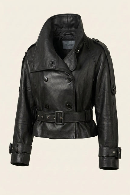 Double-Breasted Leather Jacket - Black - Front (Collar Up)