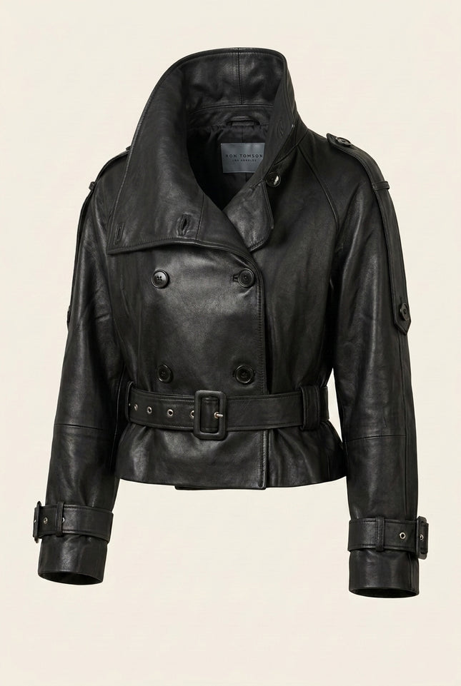 Double-Breasted Leather Jacket - Black - Front (Collar Up)