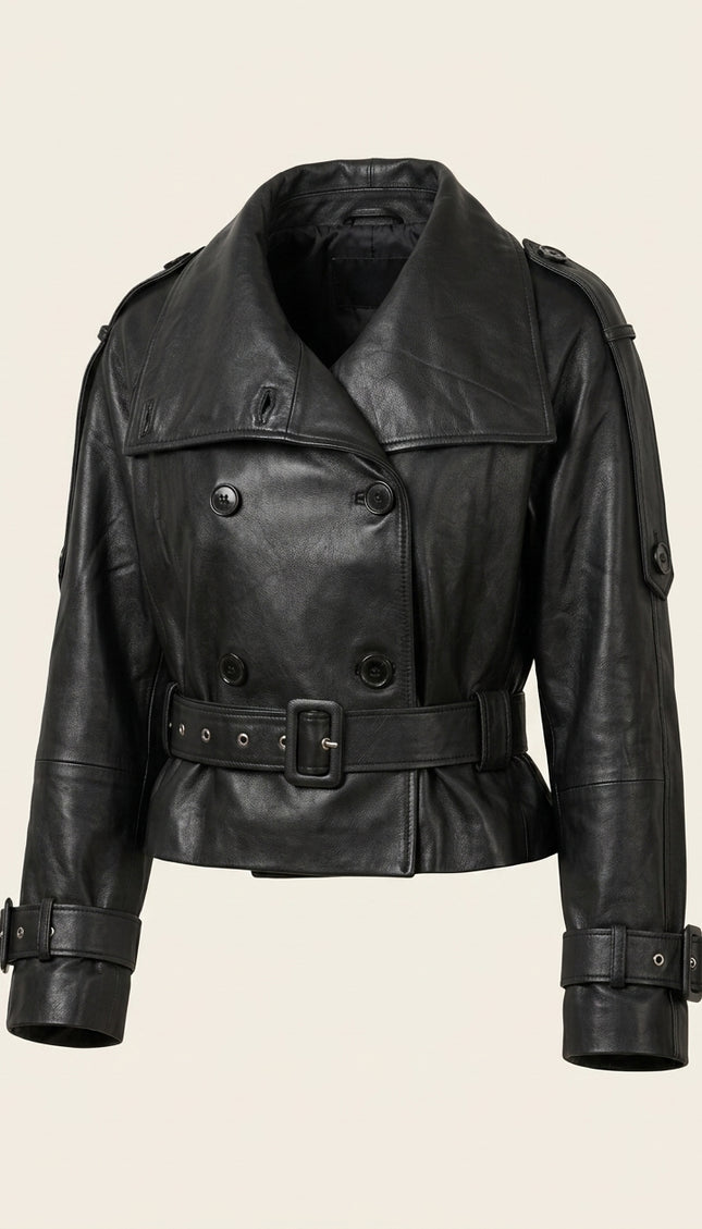 Double-Breasted Leather Jacket - Black - Front