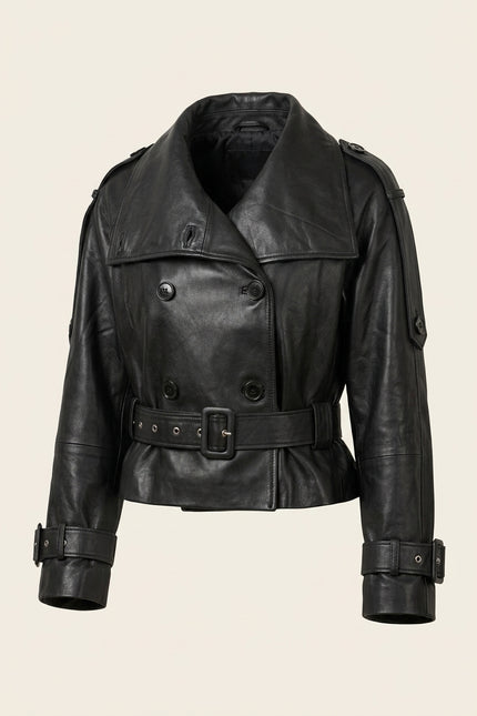Double-Breasted Leather Jacket - Black - Front