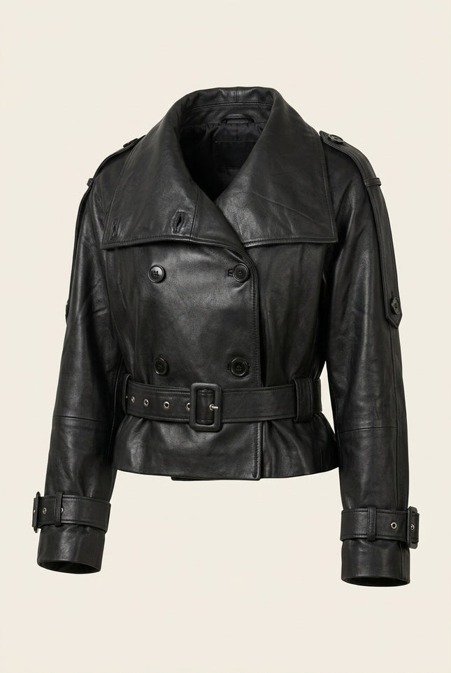 Double-Breasted Leather Jacket - Black - Front