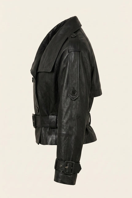 Double-Breasted Leather Jacket - Black - Side