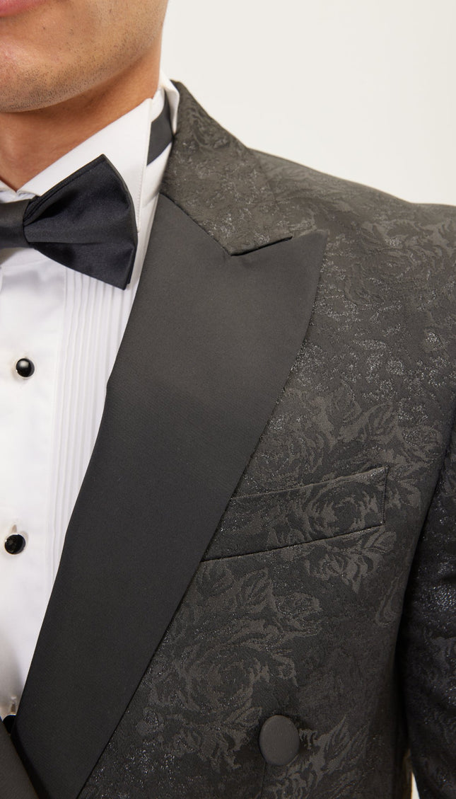 Double Breasted Metallic Floral Embroidery Peak Lapel Tuxedo Jacket - Black - Ron Tomson
