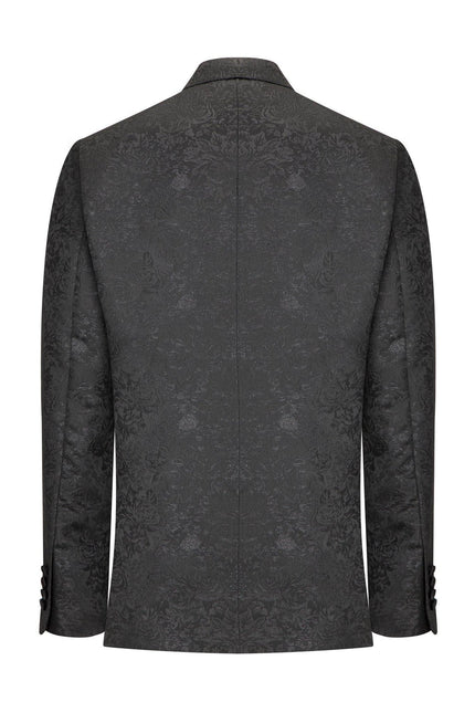 Double Breasted Metallic Floral Embroidery Peak Lapel Tuxedo Jacket - Black - Ron Tomson