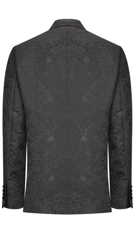 Double Breasted Metallic Floral Embroidery Peak Lapel Tuxedo Jacket - Black - Ron Tomson