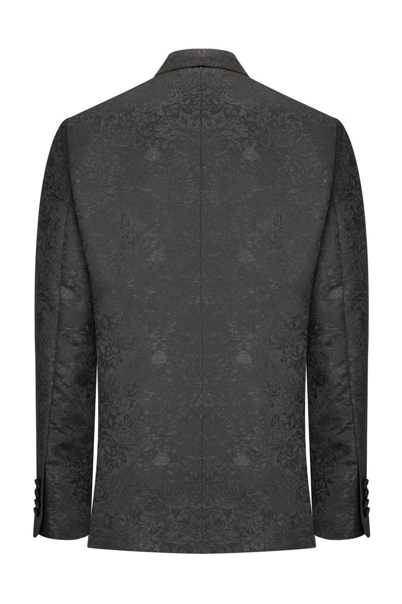 Double Breasted Metallic Floral Embroidery Peak Lapel Tuxedo Jacket - Black - Ron Tomson